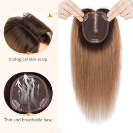 Benehair 100% Remy Human Hair Toppers for Women 12 Inch Hair Pieces for Thinning Hair No Bangs with 4 * 4.7'' Hand Made Lace Base with 3 Clips Real Hair Toppers for Women Ombre Dark Brown