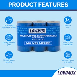 LowMux Sandpaper Rolls – 3 Pack (60, 120, 220 Grit) – 11.5cm x 5m Each – Aluminium Oxide Sandpaper for Wood & Walls – Easy to Cut – Hand & Sheet Sander Compatible – Coarse to Fine Grit