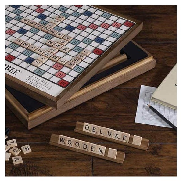 Monopoly Scrabble Deluxe Vintage Wood Game Set with Lazy Susan