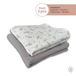 MIMUSELINA Pack of 2 Cotton Squares Muslin Squares 1 x 1 m for Babies Made of Cotton Gauze, Super Soft, Absorbent and Multipurpose Cotton Cloths (Grey/Cool)