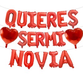 16 Inches Red 'QUIERES SER MI NOVIA' Balloons Banner - Mylar Proposal Letter Balloons with 2 Heart Shaped Foil Balloons for Romantic Decorations, Engagements, Anniversaries, Valentines Day Decor