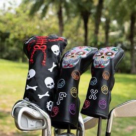 Golf Club Headcover Wood Cover Driver Fairway Wood Utility Hybrid Headcover with Number Tag Golf Headcover PU Leather Fashion Colorful Skull Embroidery Black (1 Driver Cover)