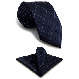 [S&W SHLAX&WING] Men's Suit Checkered Tie Set Dark Blue White Black, 8cm x 147cm Necktie + Pocket Square