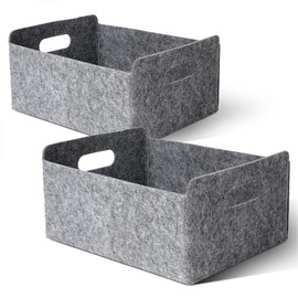 Cozary Pack of 2 Felt Basket Storage, Foldable, Felt Storage Box with Handle, Storage Basket Felt for Shelf, Wardrobe, Clothes, Towels, Accessories - 30 x 24 x 15 cm - Grey