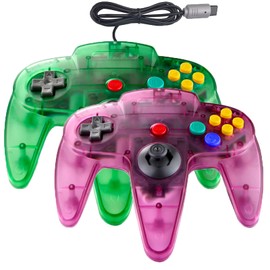 Hovlian 2 Pack Classic N64 Controller,Wired N64 64-bit Gamepad Joystick for N64 Console(Clear Purple and Clear Green)