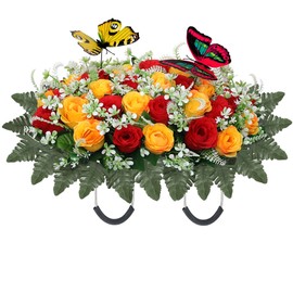Artificial Cemetery Flowers for Grave,Large Headstone Flower Saddle Realistic Grave Flowers Memorial Silk Rose Flowers with Butterflies for Headstone Grave Decoration Non-Fading Easy Fit (Red Yellow)