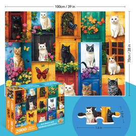 2000 Piece Puzzle for Adults, Colorful Cat-Themed Jigsaw with Adorable Cats, Bright Doors, Flowers & Butterflies, Fun and Challenging Puzzle Gift for Cat Lovers and Fans, 39" x 28"
