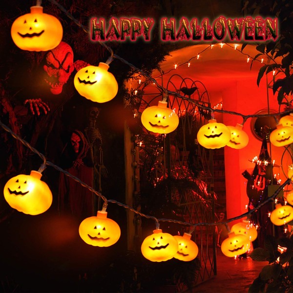 Pumpkin String Lights Halloween 3D Jack-O-Lantern Orange Strobe Light - 20 Scary LED Pumpkin Light Battery Powered with 2 Modes Steady or Flash 9.8 FT, Holiday for Outdoor Indoor Outside Party Decor