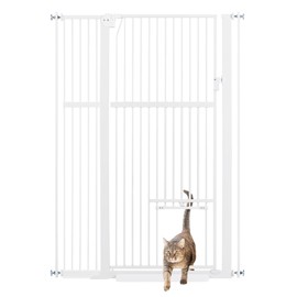 Unipaws 56" Tall White Pressure Mounted Dog Gate with Cat Door, 37-41" Wide, for Stair Doorway, Walk Through Pet Gate