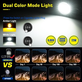 WOWLED Barra de luz magnética, ámbar y blanco, luz de trabajo magnética LED de 72 W, barra de luz LED magnética portátil para camión, luz de encendedor de cigarrillos para tractor, cortacésped, coche,