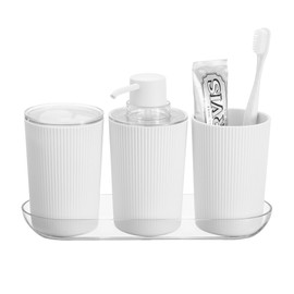 iDesign 4-Piece Bathroom Accessories Vanity Countertop-White/Clear Fluted Soap Pump Set with Tray