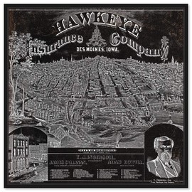Hatcher and Ethan Flags Wall Art Framed Canvas Prints 'Desmoines Insurance 1875' Urban Maps Home Décor, 24" x 24", Black, Gray