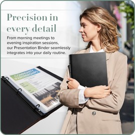 Gallery Leather 3 Ring Binder with Plastic Sleeves, Includes 10 Sheets, Sheet Size: 8.5" x 11" - Presentation Binder Rings with Hubbed Spine, Thick: 1.25" Freeport Slate