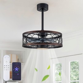 19.6" Farmhouse Caged Ceiling Fans With Lights,6 Speeds,Rustic Low Profile Fandelier Ceiling Fan With Remote,3CCT Dimmable,Reversible,Industrial Fan Lights Fixtures For Kitchen Bedroom Dining Room