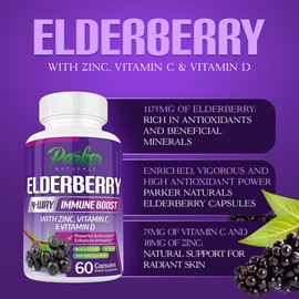 Parker Naturals Organic Elderberry Capsules, 4-Way Immune Boost Elderberry, Vitamins C, D, and Zinc Support, 1260.1 mg Elderberry Supplements for Adults, 60 Capsules