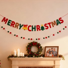 Festive Holiday Merry Christmas Banner,2 Pack Felt Garland Banners Christmas Banner Garland for Mantle Fireplace Scene Holiday Party Décor Party Decoration (Xmas-Green)