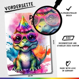 celebr8te 12 x Party Dinosaur Glitter Invitation Cards – Teenager Children's Birthday Boys & Girls – Cool Animal Birthday Invitations Including Messenger Picture & Holiday Voucher