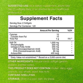 Paquete de 2 aceite de krill antrtico 1300 mg, 120 cpsulas blandas, sin arbustos, rico en fuente natural omega-3s EPA, DHA y astaxantina, suplemento  