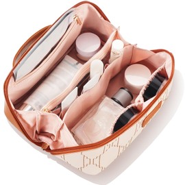 Premium PU Leather Waterproof Makeup Organizer Bag with Dividers,Handle, and Wipe-clean Brush Compartment, Large Checkered Travel Cosmetic Bag, Portable Open Flat Toiletry Bag for Women,Brown