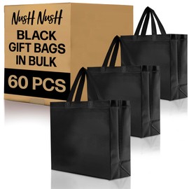Nush Nush Set of 60 Black Gift Bags Bulk - Shiny Black Reusable Large Gift Bags with Handles - Ideal for Small Business, Big Parties and Events, Corporate Gifts, Halloween, Christmas Gifts - 13x5x11
