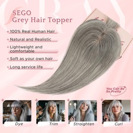 SEGO Grey Hair Toppers for Women Real Human Hair With Bangs, Salt and Pepper Hair Topper, 7 * 13 CM Silk Base Clip In Top Pieces -12 Inch #G3 Light Grey Mix
