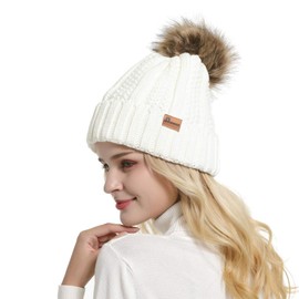 GanJingRen Womens Faux Fur Pompom Fleece Lined Thick Warm Winter Knitted Slouchy Cuff Beanie Hat (White)