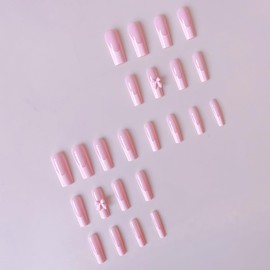 24 Pcs French Tip Press on Nails Long Coffin Cute Bow Fake Nails with Charms Design Pink French Tip False Nails Glossy Glue on Nails Full Cover French Artificial Nails for Women Girls Nail Decoration