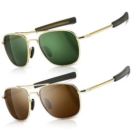 SUNGAIT 2 pack Men's Military Style Polarized Pilot Aviator Sunglasses Bayonet Temples for various Outdoor Activities - Color: Gold/Dark Green + Gold/Brown