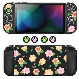 DLseego Grip Case Controller for Switch OLED Console 2021, Anti-Slip Shock-Absorption Protective Soft Bear Case with 4 PCS Comfortable Thumb Grips Caps for Joycon Controllers - Black