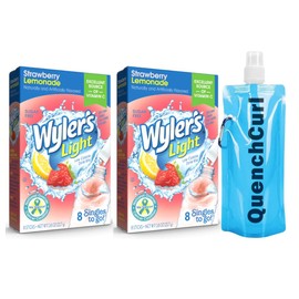 Wyler's Light Drink Sticks Low-Calorie | 8 Singles to Go | Pack of 2 with QuenchCurl Collapsible Water Bottle | Convenient, Portable, & Delicious Hydration Solution - Strawberry Lemonade