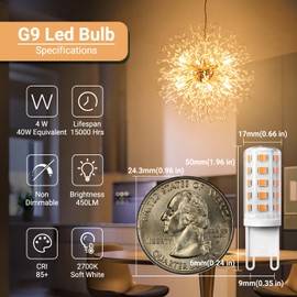 TJOY G9 LED Bulb 4W, 2700K Soft Warm White 6 Pack, Equivalent 40 Watt T4 G9 Halogen Replacement, G 9 Bi-pin Base Light Bulbs for Chandelier, 120V 450 LM 360 Beam Angle for Home Lighting, Non-dimmable