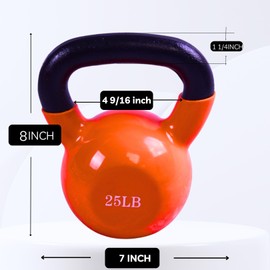 BESEA Orange Vinyl Coated Kettlebell 25LBS Weighted, Wide Grip Handle, Stable Flat Base, Strength Training, Durable kettle bells