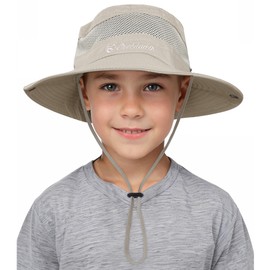 Kids Sun Hat for Boys Girls Wide Brim Bucket Hat for Hiking Camp Fishing Outdoor UPF 50+ Toddler Safari Hat Light Beige 5-12 Years