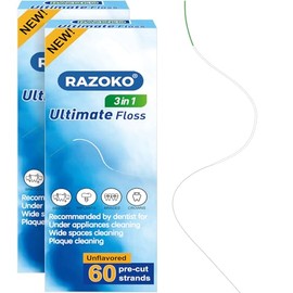 RAZOKO Zahnseide für Zahnspangen, 3-in-1 Super Floss Vorgeschnittene Stränge, 120 Stücke (2 Packungen)