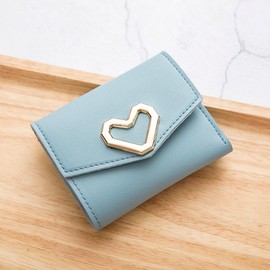 RPAEOY Purses for Women Trifold PU Leather Heart Snap Coin Pocket Cash ID Credit Card Holder Small Lightweight Multiple Card Slots Roomy Compartment Purse Birthday Gifts Wallet (Blue)