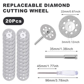Monsully 20 Stück 22 mm Diamantscheibe, Diamant Trennscheibe glasschneider für Rotationswerkzeug, mit 4 Stück 3 mm Dorn und Kreuzschraubendreher für Stein Glas Fliese