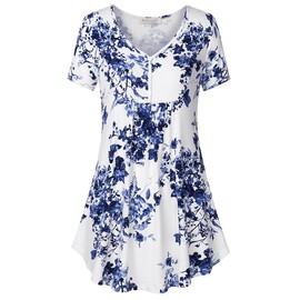 BAISHENGGT Túnica cómoda y plisada con cuello en V para mujer, Azul (Blue Flower), M