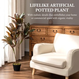 MyGift 4 ft Tall Artificial Tree Plant Potted in Black Round Planter Pot, Floor Standing Faux Ficus Ruby Rubber Houseplant