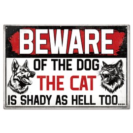 GLOBLELAND "Beware of The Dog The Cat" Tin Sign Dogs Cats Metal Tin Sign Vintage Metal Tin Sign 12×8inch Funny Wall Decor Tin Signs for Home Farm Bar Coffee Shop Club Decoration