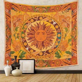 SteadyINK® – Sun and Moon Tapestry – 200x150CM Boho Wall Hanging with Celestial Sun Face Design in Orange & Yellow – Aesthetic Fabric Decor for Bedroom, Living Room, Meditation