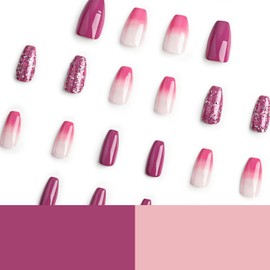 Press on Nails Medium Coffin SWEKKE French Fake Nails Pink Gradient Full Cover Dark Purple Glitter False Nails with Designs Glossy Glue on Nails Acrylic Nails Artificial Nails for Women Girls 24Pcs