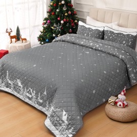 Invoibler Christmas Quilt Set Queen 3 Piece Snowflake Christmas Tree Bedding Set Grey Winter Village Pattern Bedspread Coverlet Reversible Xmas Holiday Quilt (1 Quilt, 2 Pillow Shams)
