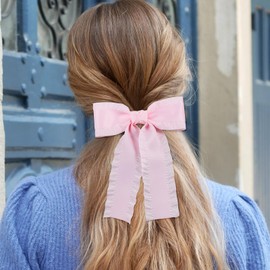 Nogeqi 2PCS Pink Hair Bow, Pink Ribbon Bows for Hair Barrettes, Cute Satin Ruffle Bow Clips with Long Tail for Women Girls Ponytail Holder Accessories