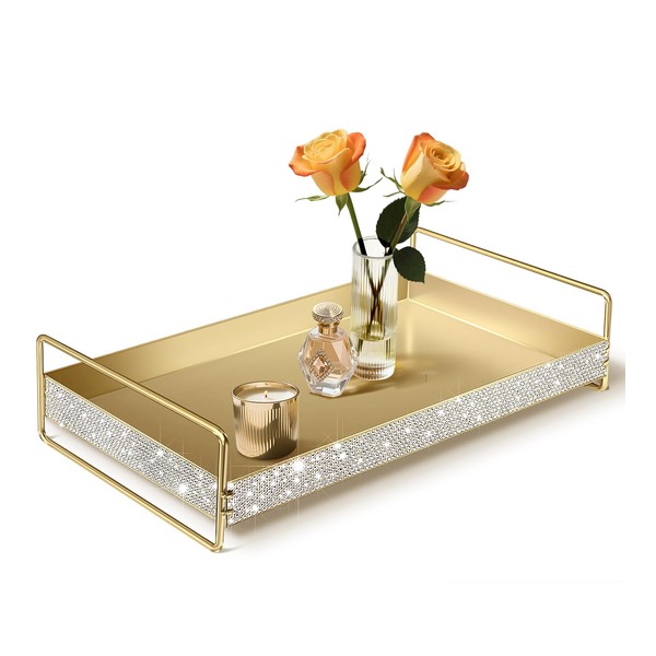 Yivaiks Crystal Rhinestones Gold Perfume Dresser Ornate Tray Bling Metal