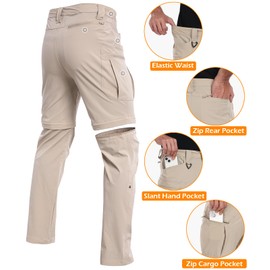 NAVEKULL Men's Convertible Hiking Pants Quick Dry Zip Off Cargo Pants Lightweight Stretch Work Outdoor Pants Breathable Fishing Safari Travel Camping Casual Tactical Trousers with Zip Pockets Khaki