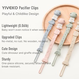 YIVEKO Pacifier Clips for Baby Boys Girls, One-Piece Silicone Pacifier Holder Strap 4 Pack, Binky Paci Clips Animal Rainbow Design, Lightweight Break-Resistant, Dishwasher Safe-Ivory+Sage