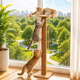 42'' Cat Tree Window Sill Perch with Tall Vertical Scratching Post Height-Adjustable Indoor Hammock Bed for Large Cats Drill-Free Suction Cup Climbing Tree Tower for Sunbathing & Bird Watching (Wood)