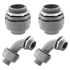 Feotech 4 Pack 1-1/4 Inch Liquid Tight Connectors - PVC Electrical Conduit Fittings, Straight, 90 and 180 Degree Non-Metallic Flexible Connectors for Home, Bathroom, and Kitchen, Gray