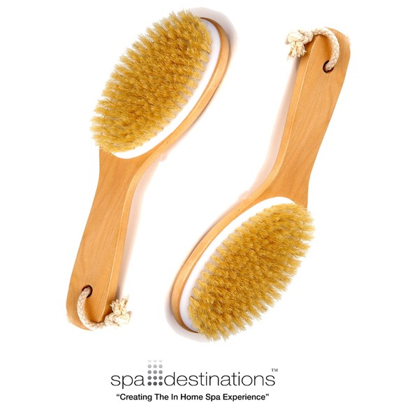 100% Natural Boar Bristle Body Brush with Wooden Handle by Spa Destinations"Creating The At Home Spa Experience" Dry Brush and Wet Brush 2 Pack