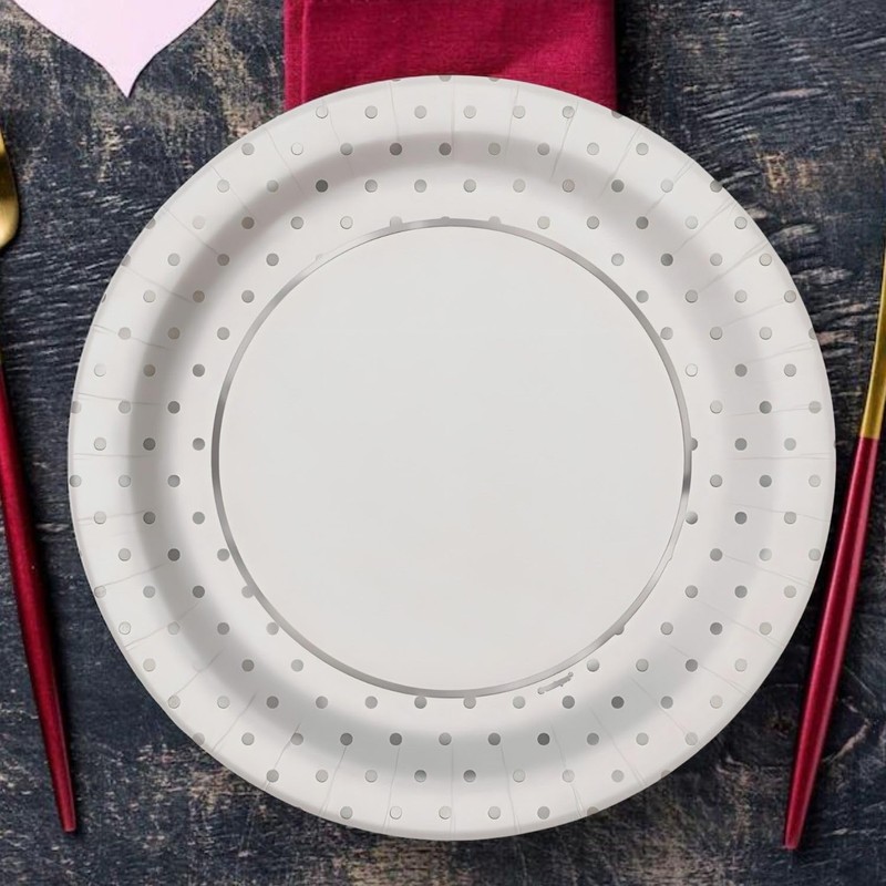 Foil Dots Round Dinner Paper Plates - 9", Silver, 8